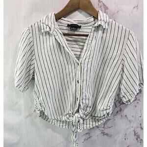 Anthropologie Shirt Womens Small White Black Boxy Button Crop Knot Tie Sanctuary